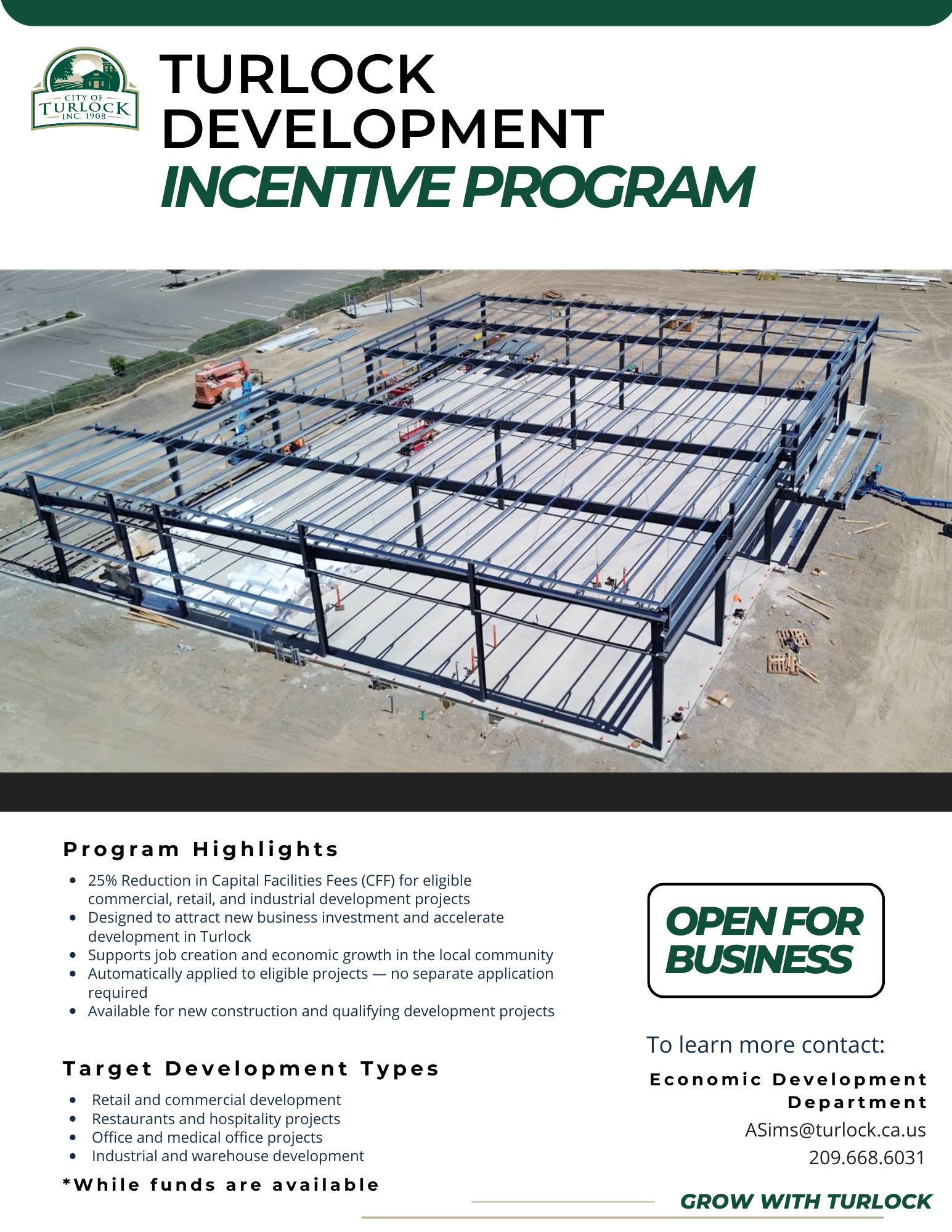 Header image of commercial building being erected with the title Turlock Development Incentive Program that contains the details within this webpage