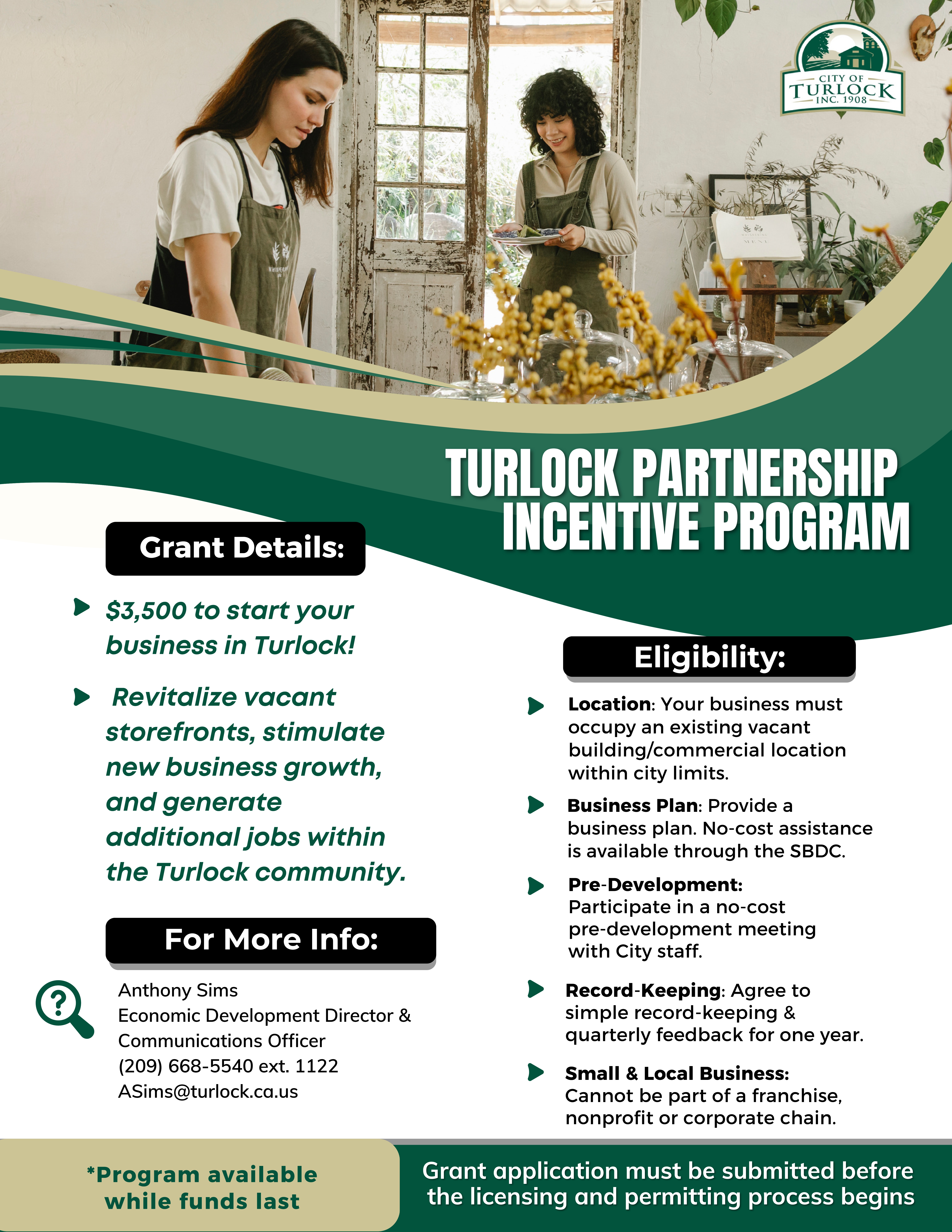 Header image with two business owners with the title Turlock Partnership Incentive Program and flyer that contains the details within this webpage